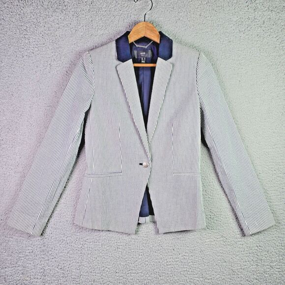 MNG Mango Contrast Lapel 100% Cotton Blazer Navy White Pinstripe 4 Silver Button - Picture 1 of 16